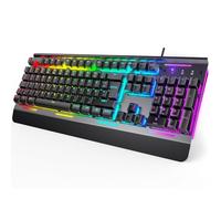 TECKNET Teclado RGB para videojuegos, teclado de membrana con 105 teclas, panel de metal, teclado con cable con reposamuñecas, iluminación RGB de 15 zonas, teclado de ordenador, 25 teclas