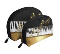 Tecla de Piano Elegante con Notas Doradas en Negro, Bolsa de Maquillaje de Concha, Monedero pequeño para Mujer, Bolsa de artículos de tocador, Bolsa de cosméticos, 2 Piezas