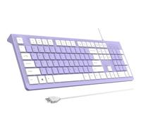 Teclado con cable, teclado USB ultrafino para computadora, teclas de perfil bajo, resistente a derrames, teclas multimedia, compatible con Windows, Mac, Chrome, Linux y Android, color morado