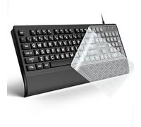 Teclado de computadora de impresión grande, teclado USB con cable de tamaño completo con funda, reposamuñecas, letras clave de gran tamaño para personas con discapacidad visual de baja visión, fácil