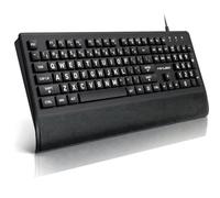 Teclado de impresión grande, teclado con cable USB con reposamuñecas y cubierta antipolvo incluida, teclado de tamaño completo de 104 teclas, fácil de ver, negro con letras blancas, para personas