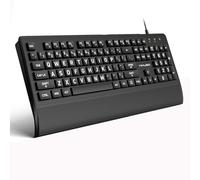 Teclado de impresión grande, teclado con cable USB con reposamuñecas y cubierta antipolvo incluida, teclado de tamaño completo de 104 teclas, fácil de ver, negro con letras blancas, para personas