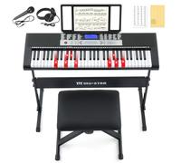 Teclado de piano de 61 teclas, piano eléctrico con teclas iluminadas, 255 tonos/ritmos, sistema de aprendizaje inteligente, auriculares, micrófono, soporte para teclado, taburete, calcomanías, juego