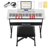 Teclado de piano de 61 teclas, piano eléctrico con teclas iluminadas, 255 tonos/ritmos, sistema de aprendizaje inteligente, auriculares, micrófono, soporte para teclado, taburete, calcomanías, juego