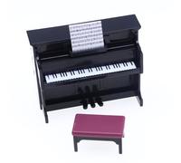 Teclado de piano en miniatura de 3 piezas con taburete y juego de puntuación, instrumento musical temático musical a escala 1:12, modelo de piano vertical negro para micropaisaje, jardín de hadas