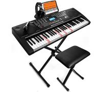 Teclado electrónico portátil de 61 teclas con teclas iluminadas de tamaño completo, LCD, auriculares, soporte X, taburete, soporte de música, micrófono, calcomanías de notas, altavoces integrados, 3
