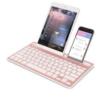 Teclado inalámbrico Bluetooth, portátil, recargable, silencioso QWERTY, 78 teclas, admite el cambio entre 2 dispositivos, con soporte integrado, para iPad, tabletas, smartphones (oro rosa)