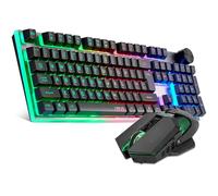 Teclado inalámbrico para juegos con perilla y ratón, combo de dongle USB de 2.4 G, batería recargable de 3000 mAh, panel de acero inoxidable retroiluminado RGB, 4200 DPI, botón lateral, ratones para