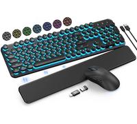 Teclado inalámbrico y mouse retroiluminado, teclado de máquina de escribir con teclas redondas retro, reposamuñecas desmontable, letras iluminadas, combo recargable de 2.4 G para Mac, Windows, PC,