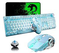 Teclado mecánico con Cable USB para Juegos con Interruptor Azul Retro Steampunk LED Blanco retroiluminado 104 Teclas Anti-Ghosting + 2400DPI 6 Botones Game Mouse Compatible con PC Office Play Games