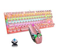 Teclado mecánico para juegos y mouse Combo, 87 teclas estilo retro punk, interruptor azul, teclado retroiluminado RGB arco iris, luz de respiración fresca, ligero ratón para juegos y oficina, color rosa