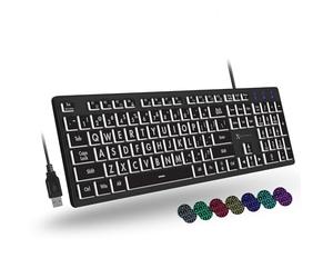 Teclado retroiluminado de impresión grande X9 | Teclado de computadora iluminado con cable para PC de escritorio y portátil - Fácil de ver y escribir teclas grandes iluminadas para personas mayores y