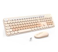 Teclado y mouse inalámbricos, combo de teclado silencioso, teclado colorido de tamaño completo con teclas redondas, bonito mouse de 2.4 G compatible con PC/portátil/computadora (té con leche)