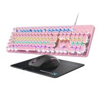 Teclado y mouse mecánicos para juegos de máquina de escribir, teclado retro de panel de metal con interruptor azul redondo, retroiluminación RGB, 104 teclas, teclado con cable antifantasma, combo de