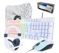 Teclado y mouse para juegos blancos, auriculares y alfombrilla de mouse para juegos, paquete de retroiluminación LED RGB con cable para usuarios de jugadores de PC, edición blanca 4 en 1 Hornet RX-250