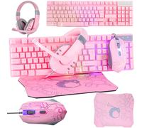 Teclado y mouse rosa para juegos, auriculares y alfombrilla de mouse con cable, retroiluminación LED RGB, accesorios de PC rosa para jugadores y usuarios de Xbox y PS4, PS5, Nintendo Switch, edición 4