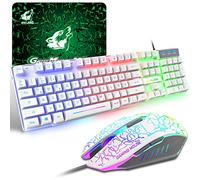 Teclado y Ratón Gaming, 104 Teclas Retroiluminación del Arco Iris LED QWERTZ Teclado, 6 Botones 2400 DPI Ratón y Alfombrilla de Ratón, Cable USB Compatible con PS4, XBox(Necesita Adaptador) Blanco