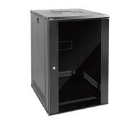 Tecmojo Gabinete de red de montaje en pared de 18U para equipos de TI de 19 pulgadas, con puerta de vidrio con cerradura y paneles laterales, ventilador de refrigeración, negro, 17.7 pulgadas de