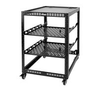 TECMOJO Rack de red de marco abierto de 16U para equipo de TI y AV, rack AV de 4 postes con ruedas, estante móvil de 16U con 2 estantes de servidor 1U y accesorios de montaje, para red de 19 pulgadas