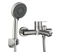 Tecmolog Set de Mezclador de Bañera y Ducha de Montaje Superficial de Una Maneta de Acero Inoxidable con Ducha de Mano y Manguera de Ducha de 1.5 m, Níquel Cepillado, SNA516F3
