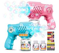 Tecnock Pack de 2 Pistolas de Burbujas Automáticas para Niños, con Luces LED y 10 Boquillas, 8 Pilas AA Incluidas, 3 Botellas de Solución y 10 Sobres de Recarga, Ligeras y con Diseño Antiderrames