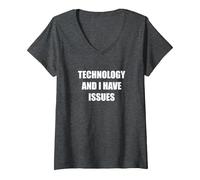 Tecnología y Tengo Problemas Camiseta Cuello V, Mujer, Jaspeado Oscuro, S