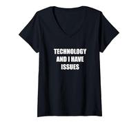 Tecnología y Tengo Problemas Camiseta Cuello V, Mujer, Negro, S