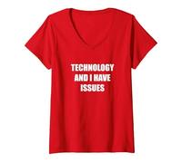 Tecnología y Tengo Problemas Camiseta Cuello V, Mujer, Rojo, M