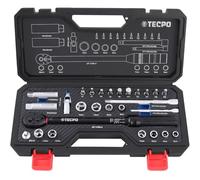 TECPO Juego de 27 llaves dinamométricas de 3/8 pulgadas 5-50 Nm, dentado fino, 72 dientes ± 3% con adaptador, llave de vaso, extensión, broca y articulación cardán para bicicleta y motocicleta