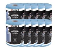 TECPO Rollo de papel de limpieza azul, 10 x 300 hojas, 3000 hojas, 2 capas, perforado, absorbente, rollo de papel de limpieza, paños de limpieza, papel de limpieza para comercios