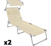 Tectake 2 tumbonas ajustables en 4 niveles con parasol y reposacabezas, beige