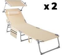 Tectake 2 tumbonas plegables 190 x 68 x 28 cm con bolsillo lateral beige