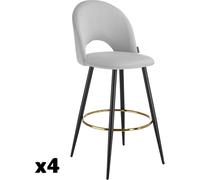 Tectake 4 taburetes altos con terciopelo, respaldo y reposapiés, gris/negro