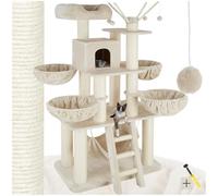 tectake 800740 Rascador para Gatos, Árbol Rascador, Columnas de Sisal, Caseta Plataforma 4 Nidos Hamaca, 130x79x195 cm (Beige/Blanco | No. 403325)