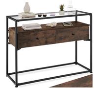 TecTake® Aparador Estilo Industrial, Madera y Acero, 2 Cajones Grandes, Vidrio de Seguridad, Mueble Recibidor, Consola Retro, recibidores de Entrada - Madera Industrial Oscura, Rústica
