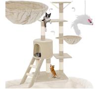 tectake® Arbol Rascador para Gatos, Rascador 144cm, Caseta, Varias Alturas, 3 Ratones de Juguete, Nido, Protección Antivuelco, Estructura Robusta, Rascador Gato, Juguetes para Gatos - Beige