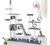 tectake® árbol rascador para gatos, con casita, 2 nidos giratorios, plataforma, hamaca, sistema antivuelco, ratón de juguete, cama para gatos, rascador gato, postes de sisal - 261 cm alto Gris