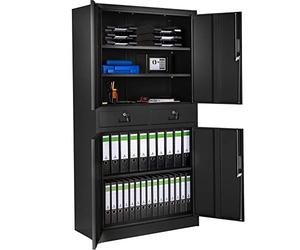 tectake® Armario Archivador Oficina en Acero, Armario Exterior e Interior con Candado Seguridad, Armario Multiusos con 5 Alturas, 4 Puertas, 2 Cajones, 3 Estantes Ajustables, 180x90x40 cm - Negro