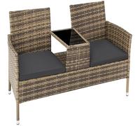 tectake® Banco de poliratán con cojines, Muebles Jardin Exterior, Mesita Cristal Integrada, Fácil de Limpiar, Conjunto Jardin Exterior, Muebles Terraza, Sillones Jardin Exterior - Natural/Gris Oscuro