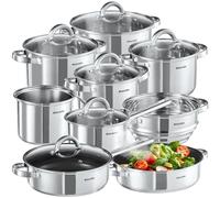tectake® Batería de Cocina, 15 Piezas, Juego de Ollas y Sartenes con Tapas, Acero Inoxidable, Antiadherente, Apto para Inducción, Gas y Eléctrico, Fácil Limpieza, Ideal para Cocina y Lavavajillas
