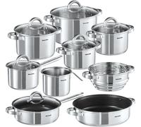 Tectake Batería de cocina, 15 piezas, ollas, cacerolas, cazo, vaporera y tapas