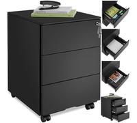 TecTake® Cajonera Robusta de Escritorio en Acero con Recubrimiento en Polvo - 3 Cajones DIN A4, Cierre Centralizado y Ruedas Giratorias - 55x45x39cm Negro