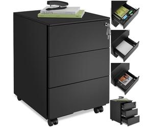 TecTake® Cajonera Robusta de Escritorio en Acero con Recubrimiento en Polvo - 3 Cajones DIN A4, Cierre Centralizado y Ruedas Giratorias - 55x45x39cm Negro