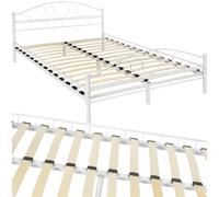 tectake® Cama Matrimonio, Estructura Cama, Diseño Romántico y Estable, Somier de Láminas de Madera, Base de Cama Resistente, Muebles de Dormitorio, Cama Doble Matrimonio - 140 x 200 cm Blanco/Blanco