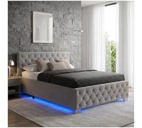 tectake® Cama Tapizada de Terciopelo con Leds, Canape Somier Abatible, Acero Estable, Cama Alta con 300 kg de Capacidad, Mando, Acolchado Chesterfield, Iluminación LED - 215 x 129 cm Gris Oscuro