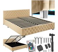TecTake® Cama Tapizada de Terciopelo con Leds, Canape Somier Abatible, Acero Estable, Cama Alta con 300 kg de Capacidad, Mando, Acolchado Chesterfield, Iluminación LED - 217 x 187,5 cm Beige