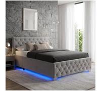 tectake® Cama Tapizada de Terciopelo con Leds, Canape Somier Abatible, Acero Estable, Cama Alta con 300 kg de Capacidad, Mando, Acolchado Chesterfield, Iluminación LED - 217 x 187,5 cm Gris Oscuro