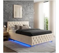 tectake® Cama Tapizada de Terciopelo con Leds, Canape Somier Abatible, Acero Estable, Cama Alta con 300 kg de Capacidad, Mando, Acolchado Chesterfield, Iluminación LED - 215 x 148 cm Arena