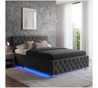 tectake® Cama Tapizada de Terciopelo con Leds, Canape Somier Abatible, Acero Estable, Cama Alta con 300 kg de Capacidad, Mando, Acolchado Chesterfield, Iluminación LED - 217 x 187,5 cm Negro