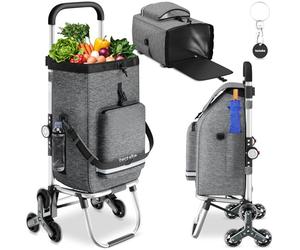 tectake® Carro de la Compra 3 en 1 Plegable, Carrito Compra con 6 Ruedas Supermercado, Bolsa Termica, Trolley con Capacidad 56L, Carro Plegable de Transporte con Estructura de Aluminio - Gris